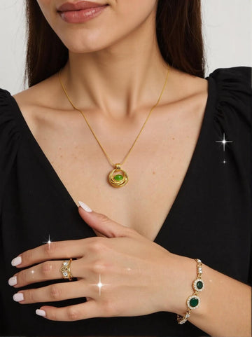 Golden Loop with Green Gemstone Pendant Necklace