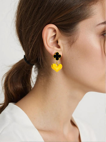 Black Clover and Golden Heart Dangling Earrings