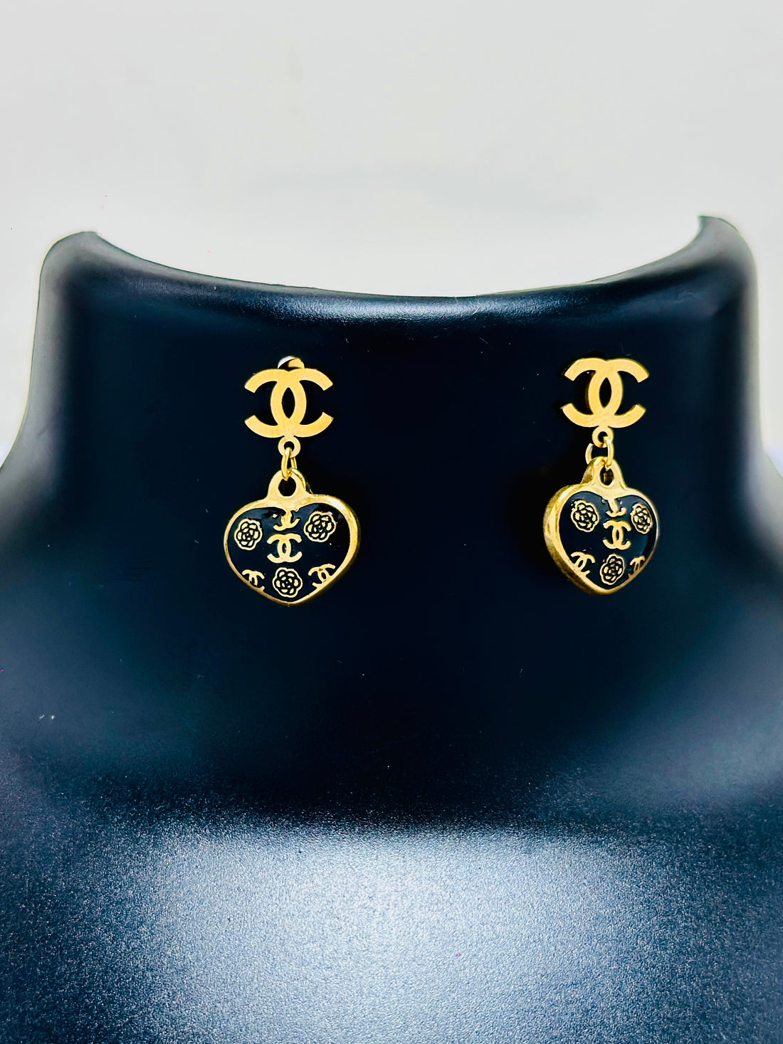 Black Heart and Gold Chanel-Inspired Earrings