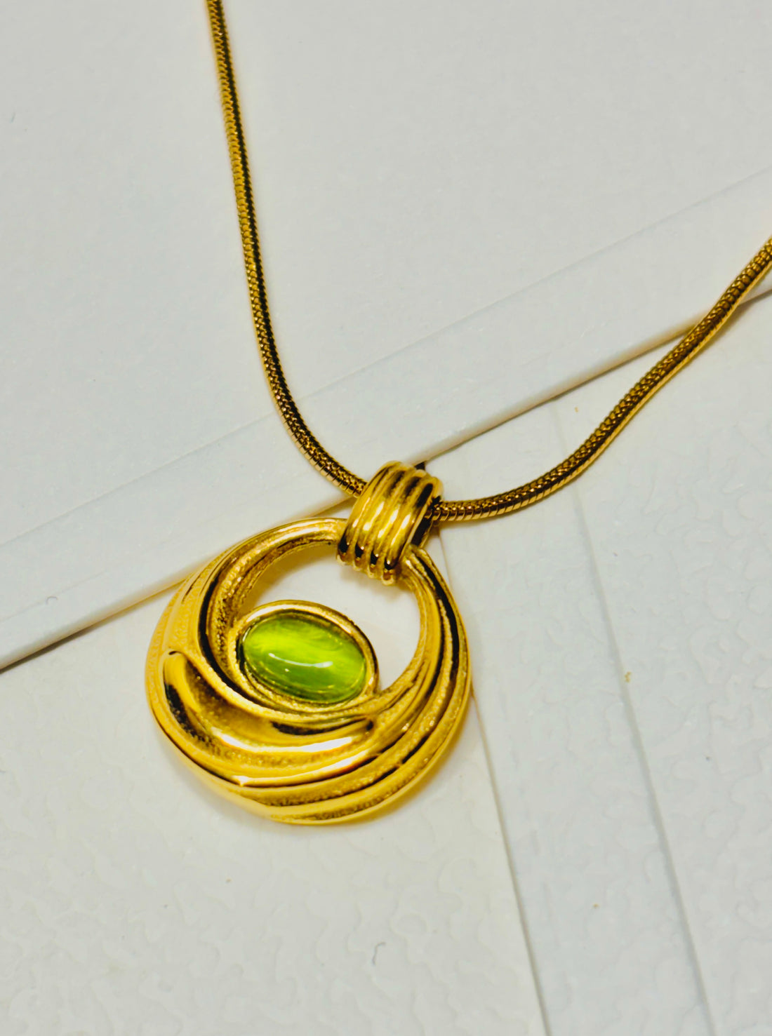 Golden Loop with Green Gemstone Pendant Necklace