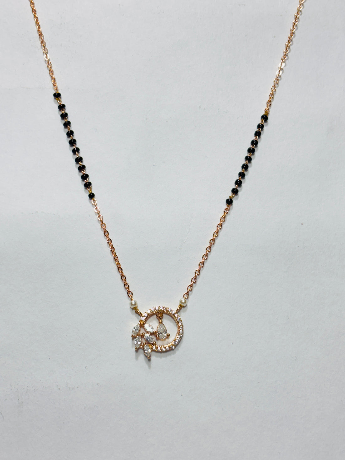 Rose Gold Chain Manglasutra with Black Beads and Diamond-Studded Circular Pendant
